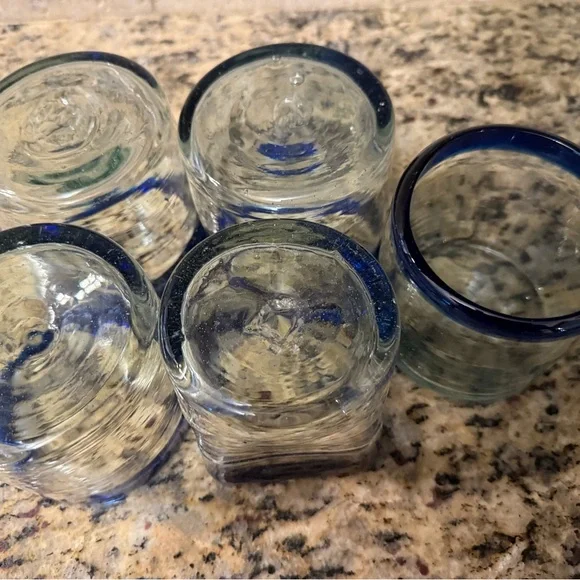 Blown Glass from Mexico Vintage CobaltBlue Rim Set of 4 Tumblers - see below - Picture 2 of 4